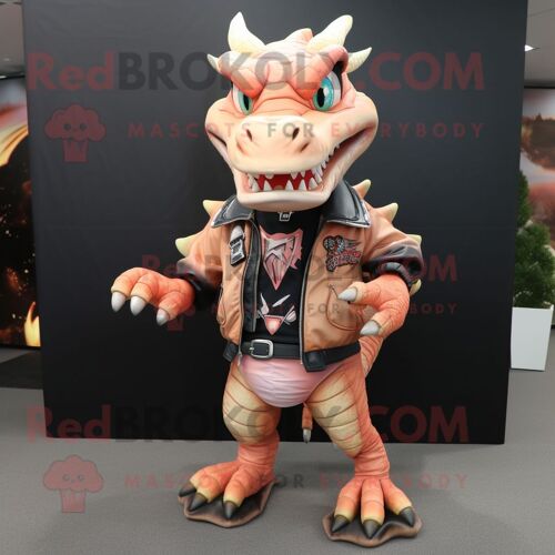 Personnage De Costume De Mascotte Redbrokoly De Dragon De Pêche Habillé D'une Veste De Motard Et De Lacets De Chaussure
