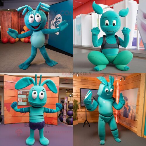 Personnage De Costume De Mascotte Redbrokoly De Homard Bleu Sarcelle Habillé D'un Pantalon De Yoga Et De Bandeaux