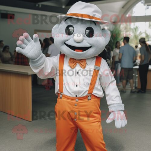 Personnage De Costume De Mascotte Redbrokoly Orange Argenté Habillé D'une Chemise Boutonnée Et De Bretelles