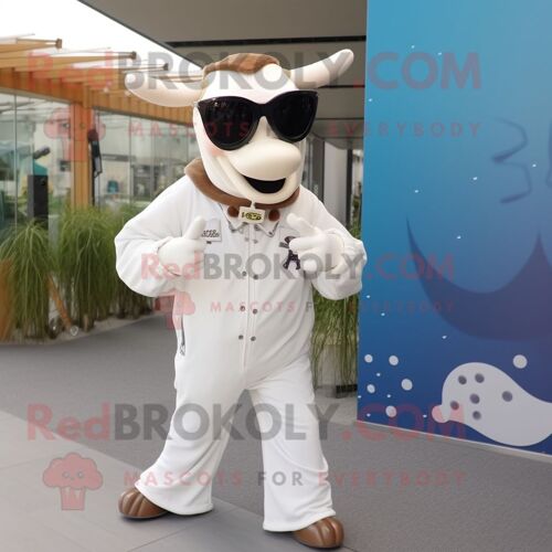 Personnage De Costume De Mascotte Redbrokoly De Zébu Crème Habillé D'une Combinaison Et De Lunettes De Soleil