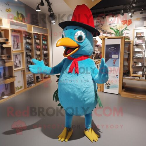 Personnage De Costume De Mascotte Redbrokoly De Pic Vert Turquoise Habillé D'un Pantalon Et D'épingles À Chapeau