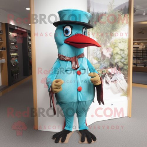 Personnage De Costume De Mascotte Redbrokoly De Pic Vert Turquoise Habillé D'un Pantalon Et D'épingles À Chapeau