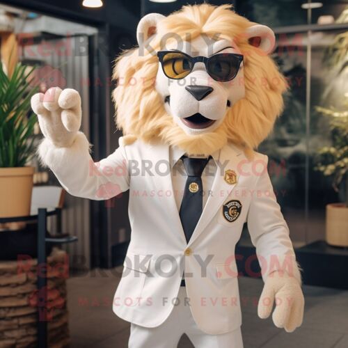 Costume De Mascotte Redbrokoly De Lion Crème Personnage Habillé D'un Blazer Et De Lunettes De Soleil