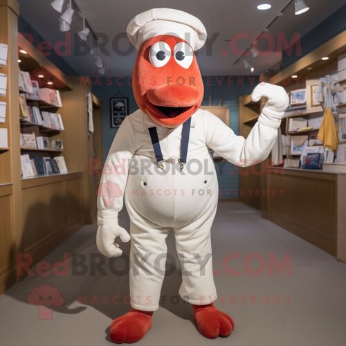 Personnage De Costume De Mascotte Redbrokoly De Biscuit De Homard Blanc Habillé D'un Pantalon En Velours Côtelé Et De Bretelles