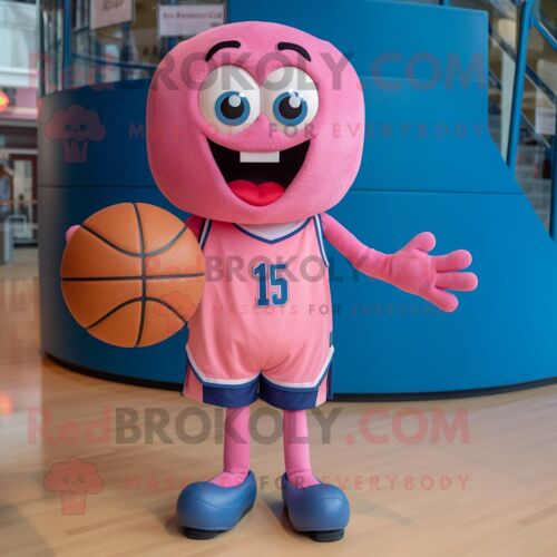 Personnage De Costume De Mascotte Redbrokoly De Ballon De Basket Rose Habillé D'un Short En Jean Et De Mitaines