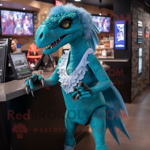 Personnage De Costume De Mascotte Redbrokoly Turquoise Utahraptor Habillé D'une Robe De Cocktail Et De Sacs À Dos
