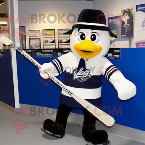 Personnage De Costume De Mascotte Redbrokoly De Bâton De Hockey Sur Glace Bleu Marine Habillé D'un Smoking Et De Bretelles
