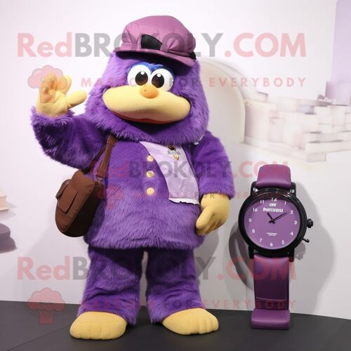 Personnage De Costume De Mascotte Redbrokoly De Montre-Bracelet Violette Habillé D'un Manteau Et De Sacs Messenger