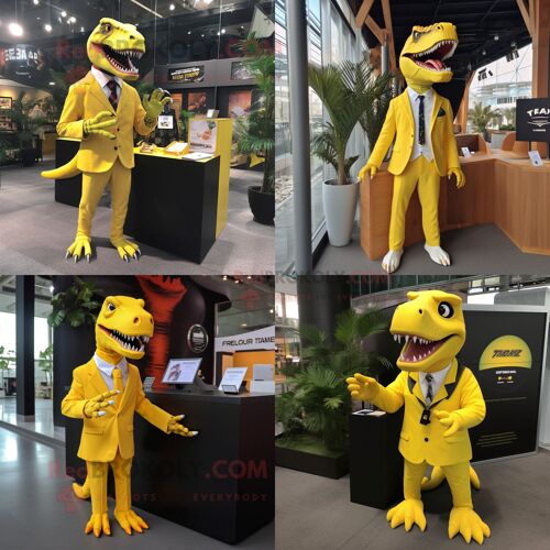 Personnage De Costume De Mascotte Redbrokoly De T Rex Jaune Habillé Avec Une Veste De Costume Et Des Porte-Clés