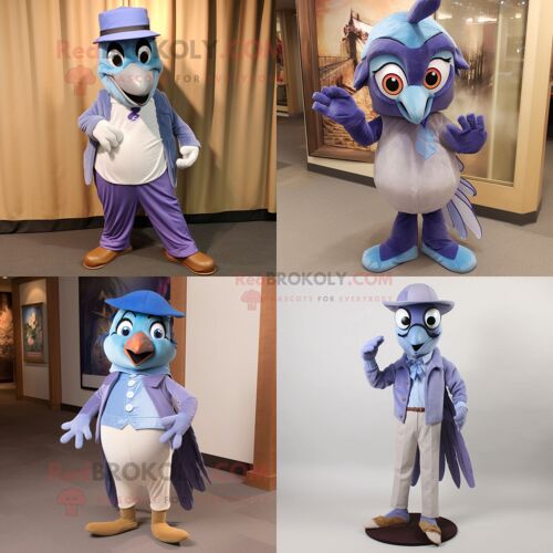 Personnage De Costume De Mascotte Redbrokoly De Geai Bleu Lavande Habillé Avec Un Pantalon En Velours Côtelé Et Des Cravates