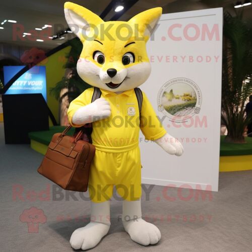 Personnage De Costume De Mascotte Redbrokoly De Renard Jaune Citron Habillé D'une Chemise Henley Et De Sacs À Main