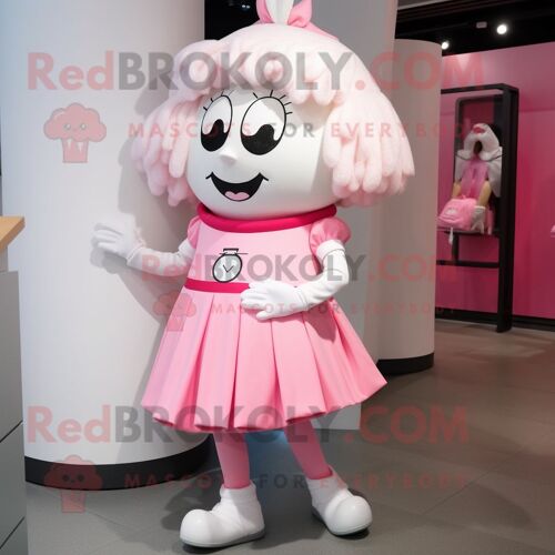 Mascotte Redbrokoly De Personnage Rose Blanc Vêtu D'une Robe Midi Et De Lacets