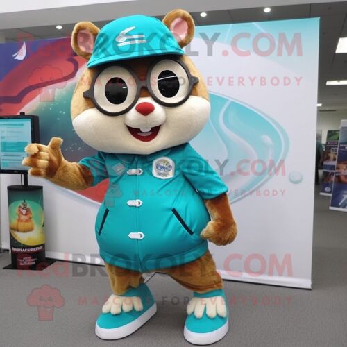 Personnage De Costume De Mascotte Redbrokoly Teal Chipmunk Habillé D'un Pantacourt Et De Montres Numériques