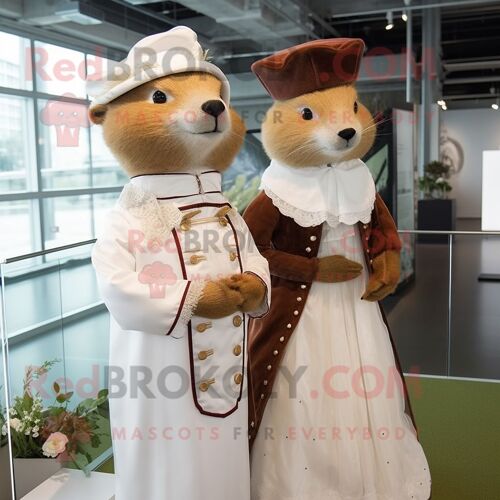 Mascotte Redbrokoly De Personnage D'hermine Marron Habillée D'une Robe De Mariée Et De Bérets