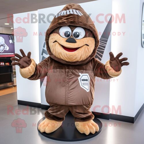 Personnage De Costume De Mascotte Redbrokoly De Bague De Fiançailles Marron Habillé D'un Sweat À Capuche Et De Coussinets De Pied