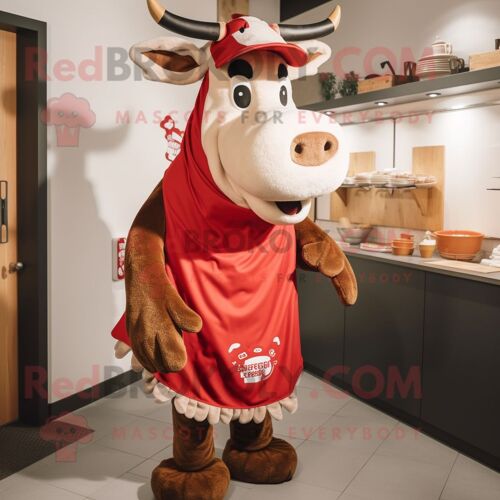 Personnage De Costume De Mascotte Redbrokoly De B?uf Rouge Stroganoff Habillé D'une Robe Et D'écharpes