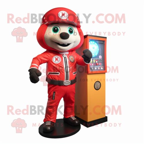Personnage De Costume De Mascotte Redbrokoly Red Gumball Machine Habillé D'une Veste De Moto Et De Montres
