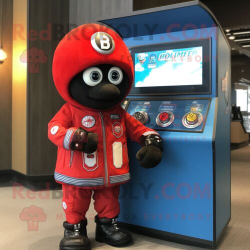 Personnage De Costume De Mascotte Redbrokoly Red Gumball Machine Habillé D'une Veste De Moto Et De Montres