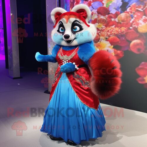 Personnage De Costume De Mascotte Redbrokoly De Panda Rouge Bleu Habillé D'une Robe De Bal Et De Broches