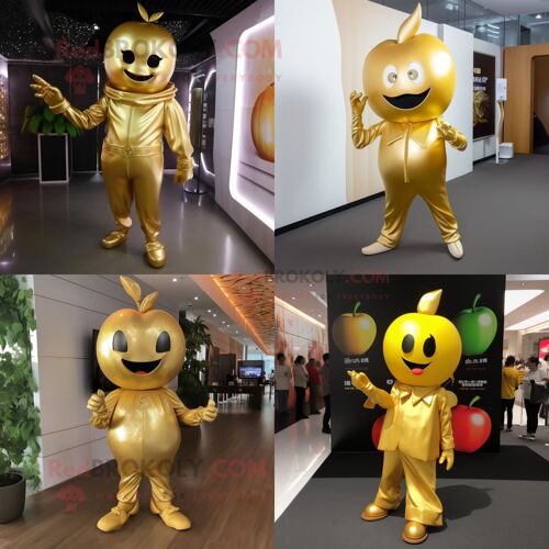 Personnage De Costume De Mascotte Redbrokoly De Pomme D'or Habillé Avec Une Combinaison Et Des Boucles D'oreilles