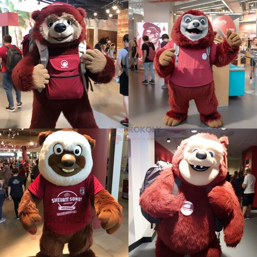 Personnage De Costume De Mascotte Redbrokoly De Paresseux Géant Marron Habillé D'une Chemise Henley Et De Sacs À Dos