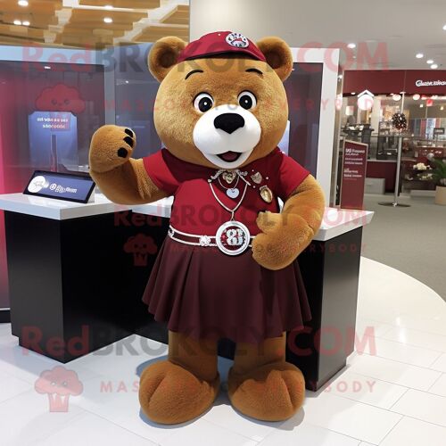 Costume De Mascotte Redbrokoly D'ours Marron Habillé D'une Jupe Et D'un Bracelet Montres