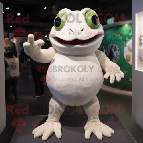 Mascotte Redbrokoly De Personnage De Grenouille Blanche Habillé D'un T-Shirt Et De Moufles