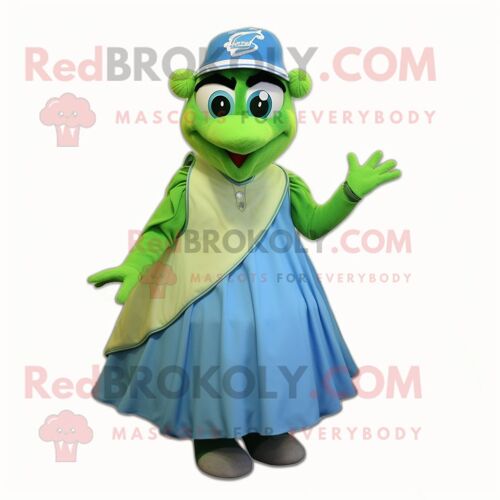 Personnage De Costume De Mascotte Redbrokoly De Geai Bleu Vert Citron Vêtu D'une Robe De Bal Et De Casquettes