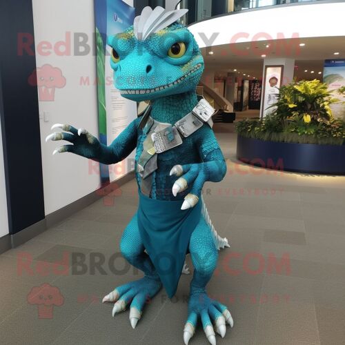 Personnage De Costume De Mascotte Redbrokoly De Lézard Bleu Sarcelle Habillé D'une Robe Fourreau Et De Bracelets