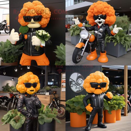 Personnage De Costume De Mascotte Redbrokoly De Chou-Fleur Orange Habillé Avec Une Veste De Motard Et Des Boucles D'oreilles