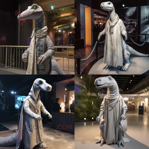 Personnage De Costume De Mascotte Redbrokoly Diplodocus Argenté Habillé Avec Des Épingles À Manteau Et Châle