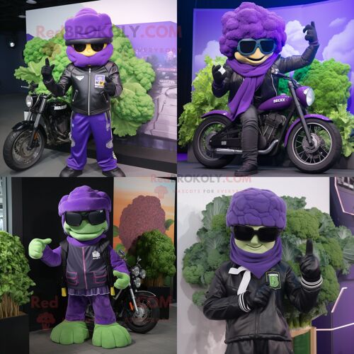 Personnage De Costume De Mascotte Redbrokoly De Brocoli Violet Habillé D'une Veste De Motard Et De Bonnets