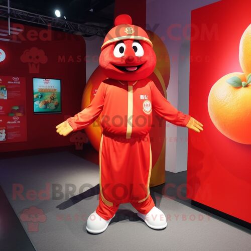 Personnage De Costume De Mascotte Redbrokoly Mandarin Rouge Habillé Avec Un Short Et Des Bracelets De Cheville