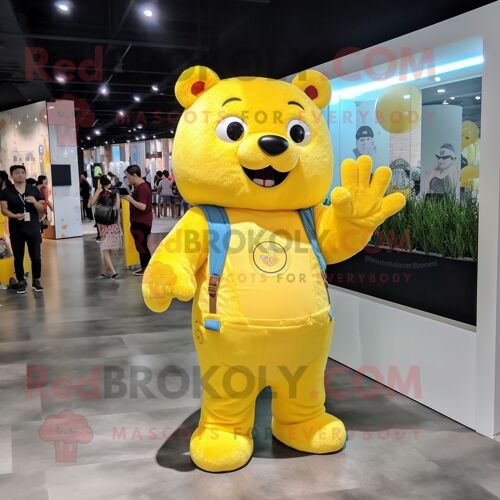 Personnage De Costume De Mascotte Redbrokoly D'ours Jaune Citron Habillé D'un Jean Évasé Et De Portefeuilles