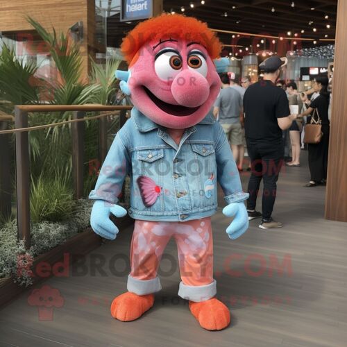 Personnage De Costume De Mascotte Redbrokoly De Poisson Clown Rose Habillé D'un Short En Jean Et D'épinglettes