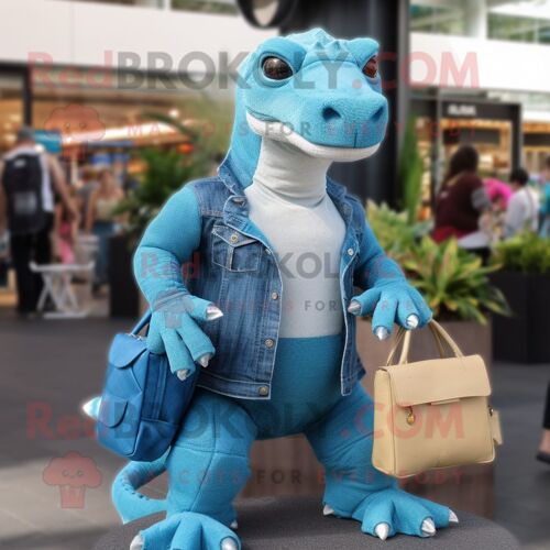 Personnage De Costume De Mascotte Redbrokoly De Dragon De Komodo Bleu Ciel Habillé D'un Jean Boyfriend Et De Sacs À Main