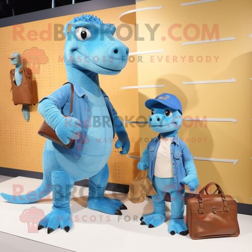 Personnage De Costume De Mascotte Redbrokoly De Dragon De Komodo Bleu Ciel Habillé D'un Jean Boyfriend Et De Sacs À Main