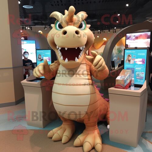 Personnage De Costume De Mascotte Redbrokoly De Dragon Beige Habillé Avec Débardeur Et Boucles D'oreilles