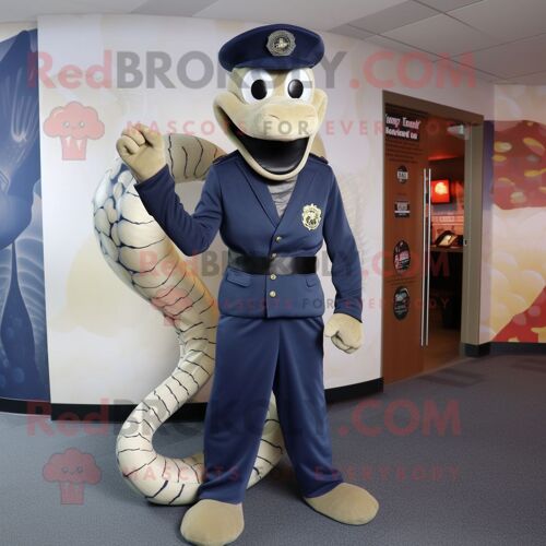 Personnage De Costume De Mascotte Redbrokoly De Serpent Bleu Marine Habillé Avec Un Pantalon De Costume Et Des Broches