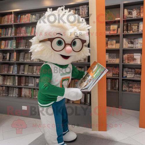 Personnage De Costume De Mascotte Redbrokoly De Drapeau Irlandais Beige Habillé D'un T-Shirt Graphique Et De Lunettes De Lecture