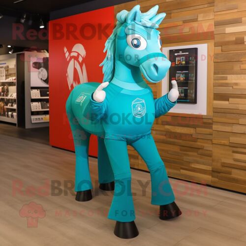 Mascotte Redbrokoly De Personnage De Cheval Turquoise Habillé D'un Short Et De Broches