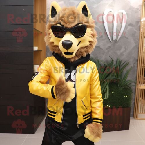 Or Dire Loup Personnage De Costume De Mascotte Redbrokoly Habillé Avec Une Veste En Cuir Et Des Lunettes