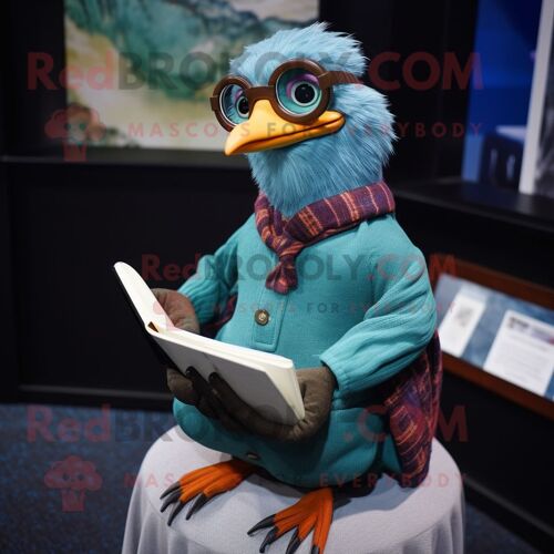 Personnage De Costume De Mascotte Redbrokoly De Pigeon Voyageur Cyan Habillé D'un Pull Et De Lunettes De Lecture