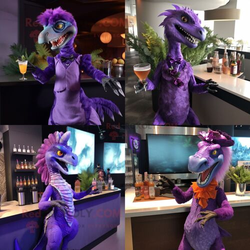 Personnage De Costume De Mascotte Redbrokoly D'utahraptor Violet Habillé D'une Robe De Cocktail Et D'épingles À Cheveux