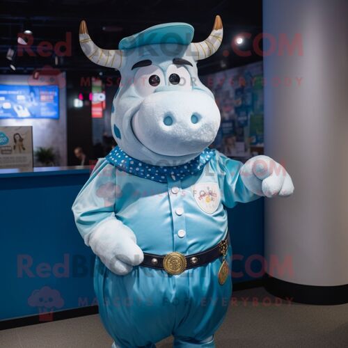 Personnage De Costume De Mascotte Redbrokoly De Vache Bleue Habillé D'une Chemise Boutonnée Et De Porte-Monnaie