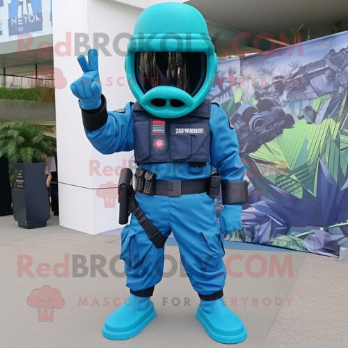 Personnage De Costume De Mascotte Redbrokoly Cyan Commando Habillé D'une Robe A-Line Et De Pinces À Chaussures