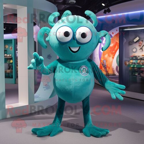 Personnage De Costume De Mascotte Redbrokoly Teal Spider Habillé D'un Tee-Shirt À Col En V Et D'anneaux