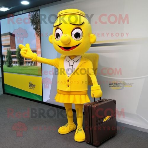 Mascotte Redbrokoly De Personnage De L'alliance Jaune Habillée D'une Jupe Et De Mallettes