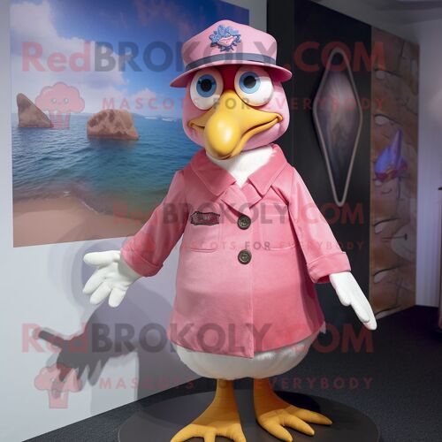 Personnage De Costume De Mascotte Redbrokoly De Mouette Rose Habillé Avec Un Jean Et Des Épingles À Chapeau