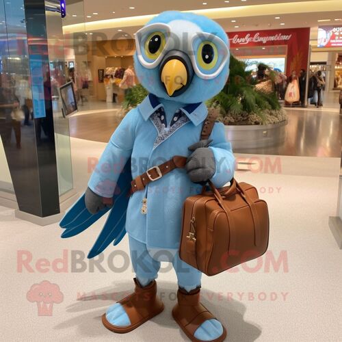 Personnage De Costume De Mascotte Redbrokoly De Faucon Bleu Ciel Habillé D'une Salopette Et De Sacs À Main
